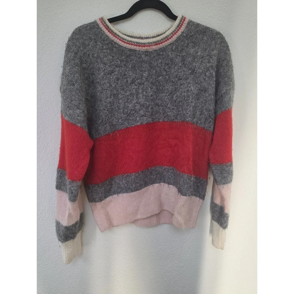 & Other Stories Striped Pullover Sweater M Grey Red Pink Crew Neck Wool